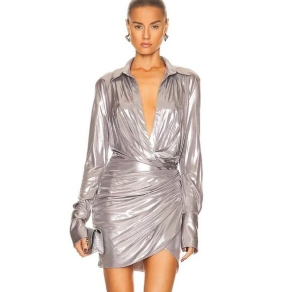 Gauge81 Naha Draped Metallic Mini Long Sleeve Shirt Dress Small METALLIC silver - Picture 1 of 8